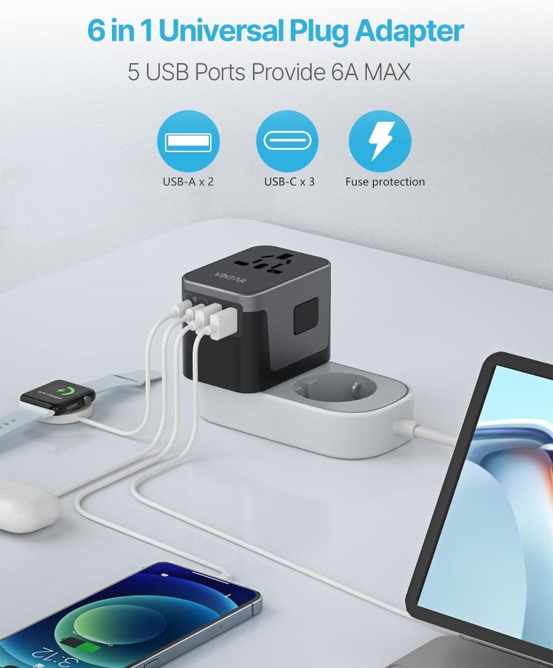 VINTAR محول سفر عالمي، محول طاقة دولي مع 6A 3 USB C و 2 USB، محول أساسي للسفر، محول مقبس عالمي لأوروبا المملكة المتحدة الولايات المتحدة أستراليا (نوع C/G/A/I) - Image 4